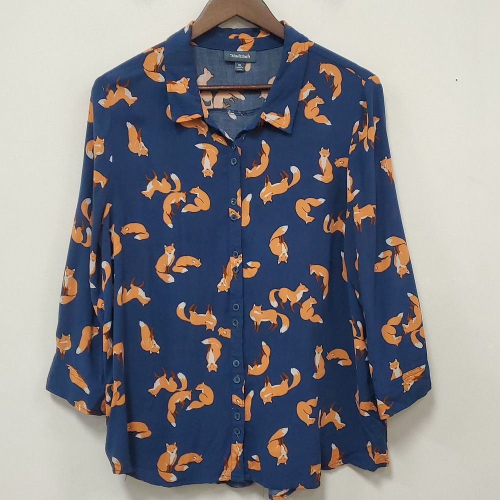 Modcloth Womens 3/4 Sleeve Button Front Fox Shirt Size XL Blue Animal Collared